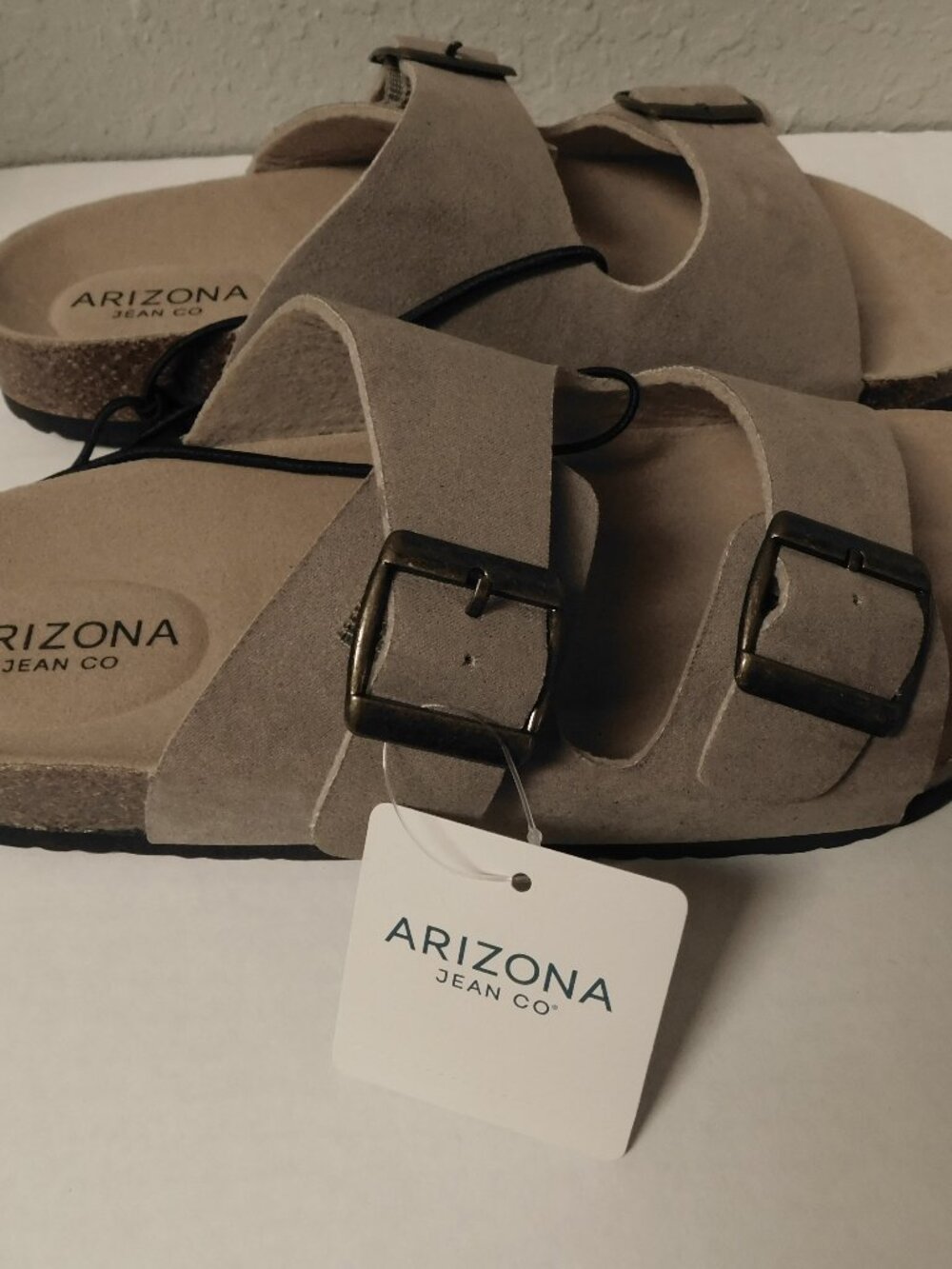 ARIZONA JEAN CO Taupe Double Buckle Slide Sandals Faux Leather Beachy Casual 7 - Picture 4 of 12